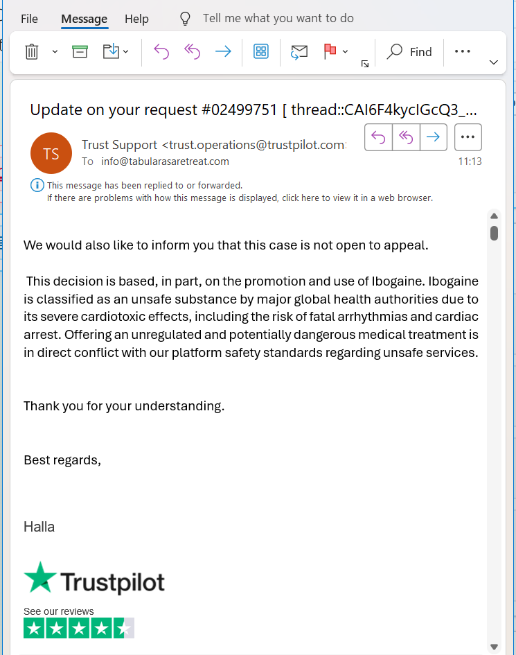 Screenshot of Trustpilot final correspondence saying the Tabula Rasa Retreat case was not open to appeal.